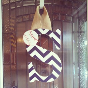 Navy Chevron Fabric Covered Letter. Letters are 13 1/2 inches tall with added decor piece and burlap hanger. Decor piece can be customized upon request!