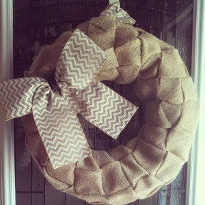 Beautiful year round wreath. It is made with Brown burlap with added white chevron bow!