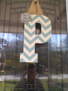 Teal Chevron Fabric Covered Letter. Letters are 13 1/2 inches tall with added decor piece and burlap hanger. Decor piece can be customized upon request!