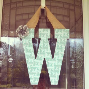 Teal Design Fabric Covered Letter. Letters are 13 1/2 inches tall with added decor piece and burlap hanger. Decor piece can be customized upon request!