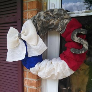 Royal Blue, White, and Red Burlap wreath with added army fabric, stars, and fabric covered letter!