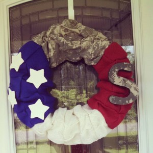 Royal Blue, White, and Red Burlap wreath with added army fabric, stars, and fabric covered letter!