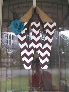 Brown Chevron Fabric Covered Letter. Letters are 13 1/2 inches tall with added decor piece and burlap hanger. Decor piece can be customized upon request!