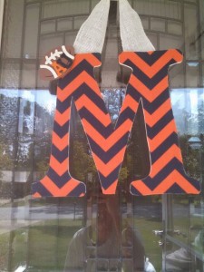 Orange and Navy Chevron with added football with AU and white burlap hanger