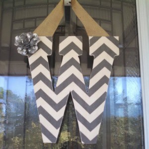 Gray Chevron Fabric Covered Letter. Letters are 13 1/2 inches tall with added decor piece and burlap hanger. Decor piece can be customized upon request!