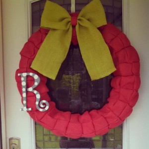 Coral burlap with added Lime Green bow and Grey and White Pok A Dot Letter