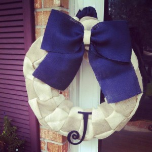 Brown and Cream Burlap wreath with Navy accent bow and letter