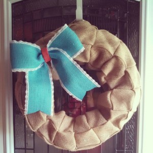 Beautiful Spring/Summer Wreath. It is made out of Brown burlap with a Tiffany Blue bow !