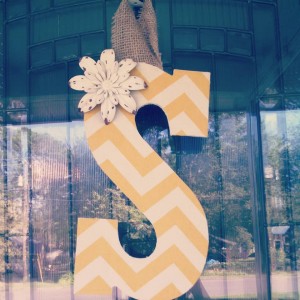 Yellow Chevron Fabric Covered Letter. Letters are 13 1/2 inches tall with added decor piece and burlap hanger. Decor piece can be customized upon request!