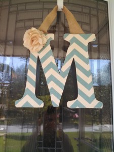 Teal Chevron Fabric Covered Letter. Letters are 13 1/2 inches tall with added decor piece and burlap hanger. Decor piece can be customized upon request!