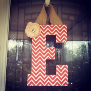 Coral Chevron Fabric Covered Letter. Letters are 13 1/2 inches tall with added decor piece and burlap hanger. Decor piece can be customized upon request!