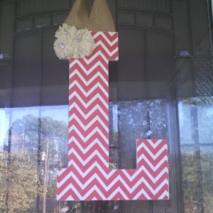 Coral Chevron Fabric Covered Letter. Letters are 13 1/2 inches tall with added decor piece and burlap hanger. Decor piece can be customized upon request!