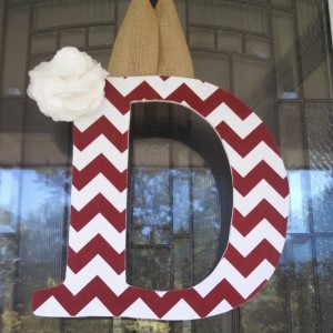 Crimson and White Chevron Fabric Covered Letter with Added Decor Piece