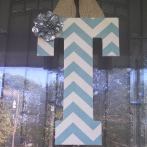 Teal Chevron Fabric Covered Letter. Letters are 13 1/2 inches tall with added decor piece and burlap hanger. Decor piece can be customized upon request!