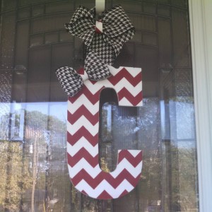 Crimson and White Chevron Fabric Covered Letter with Added Houndstooth bow and hanger