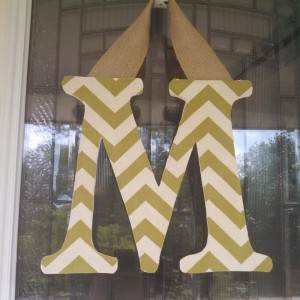 Lime Green Chevron Fabric Covered Letter. Letters are 13 1/2 inches tall with added decor piece and burlap hanger. Decor piece can be customized upon request!