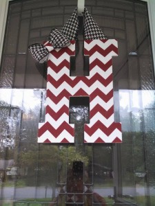 Crimson and White Chevron Fabric Covered Letter with Added Houndstooth bow and hanger