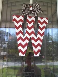 Crimson and White Chevron Fabric Covered Letter with Added Houndstooth bow and hanger