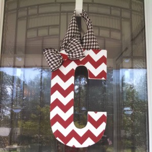 Crimson and White Chevron Fabric Covered Letter with Added Houndstooth bow and hanger