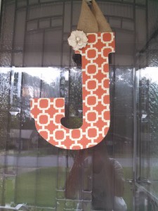 Orange and Cream Design Fabric Covered Letter. Letters are 13 1/2 inches tall with added decor piece and burlap hanger. Decor piece can be customized upon request!896_n