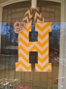 Yellow Chevron Fabric Covered Letter. Letters are 13 1/2 inches tall with added decor piece and burlap hanger. Decor piece can be customized upon request!