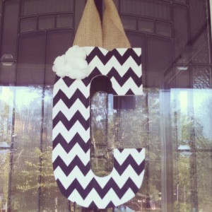 Black Chevron Fabric Covered Letter. Letters are 13 1/2 inches tall with added decor piece and burlap hanger. Decor piece can be customized upon request!