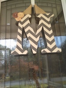 Gray Chevron Fabric Covered Letter. Letters are 13 1/2 inches tall with added decor piece and burlap hanger. Decor piece can be customized upon request!