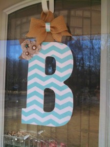 Teal Chevron Fabric Covered Letter. Letters are 13 1/2 inches tall with added decor piece and burlap hanger. Decor piece can be customized upon request!