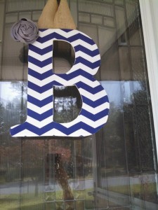 Royal Blue Chevron Fabric Covered Letter. Letters are 13 1/2 inches tall with added decor piece and burlap hanger. Decor piece can be customized upon request!