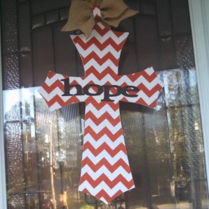18 inch Orange Chevron Fabric covered cross with Hope on it!