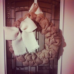 Natural Brown Burlap wreath with cream color bow, makes a great year round wreath!