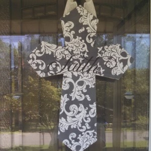 18 inch Grey Design Fabric Covered Cross with Faith on it.