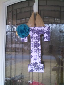 Purple Design Fabric Covered Letter. Letters are 13 1/2 inches tall with added decor piece and burlap hanger. Decor piece can be customized upon request!