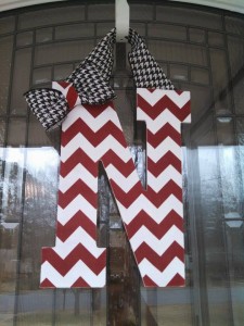 Crimson and White Chevron Fabric Covered Letter with Added Houndstooth bow and hanger