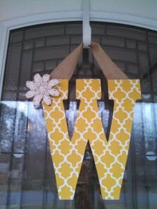 Yellow Design Fabric Covered Letter. Letters are 13 1/2 inches tall with added decor piece and burlap hanger. Decor piece can be customized upon request!