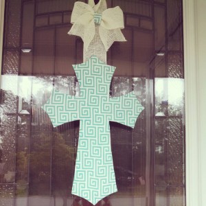 18 inch Teal Design Fabric Covered Cross with White burlap hanger