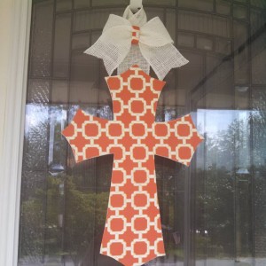 18 inch Orange and Cream Design Fabric Covered Cross with White burlap hanger