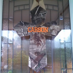 18 inch camo fabric covered cross with custom name on it