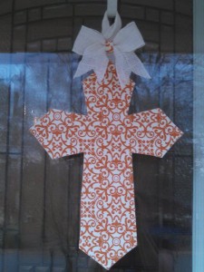 18 inch Orange Design fabric covered cross with white burlap hanger