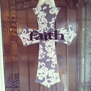 18 inch Grey Design Fabric Covered Cross with Faith on it.