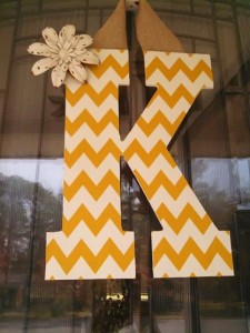 Yellow Chevron Fabric Covered Letter. Letters are 13 1/2 inches tall with added decor piece and burlap hanger. Decor piece can be customized upon request!