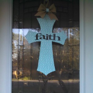 18 inch Teal Design Fabric Covered Cross with faith on it