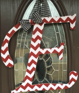 Crimson and White Chevron Fabric Covered Letter with Added Houndstooth bow and hanger